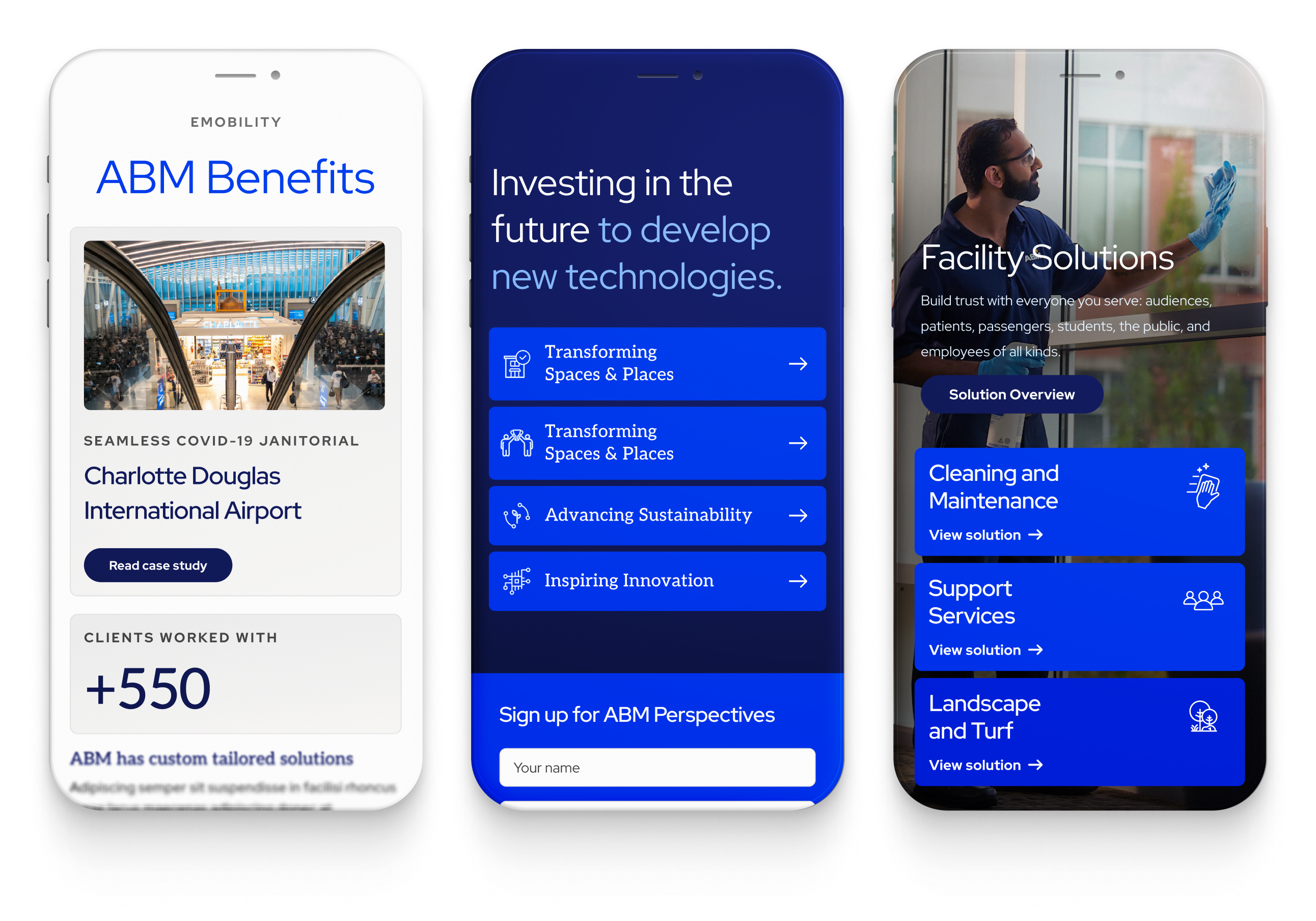 Various mobile screens for the ABM website