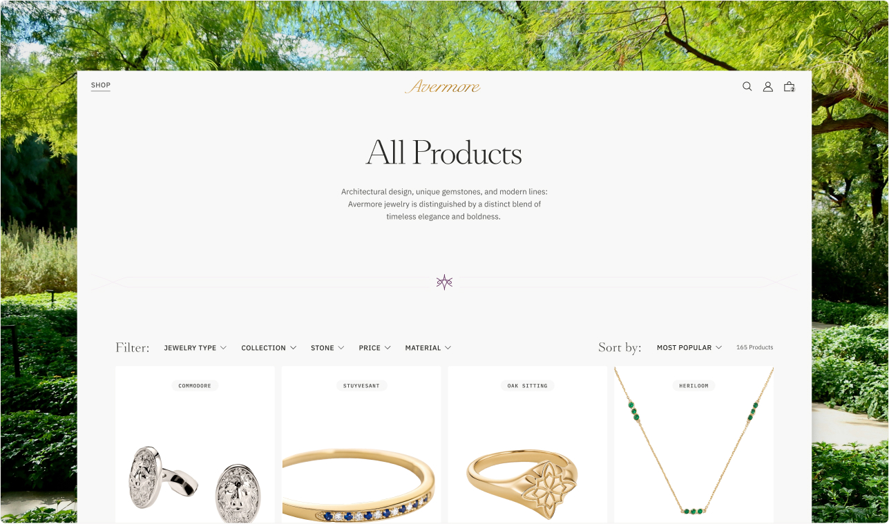 E-commerce page layered on Biltmore gardens