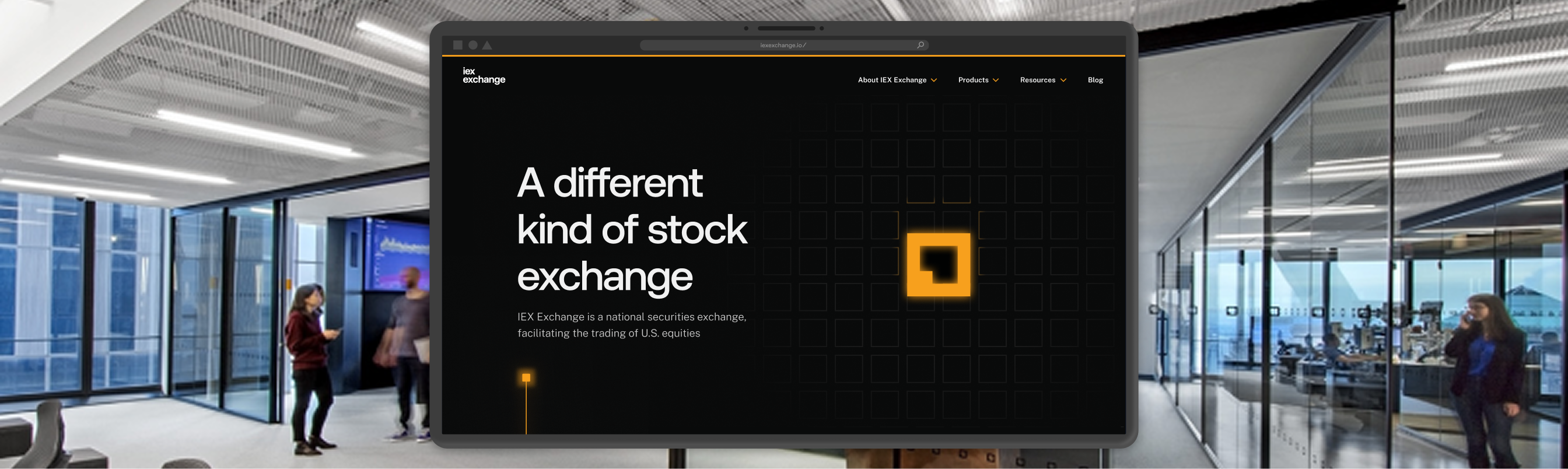 IEX Exchange homepage header overlayed on an image of their office